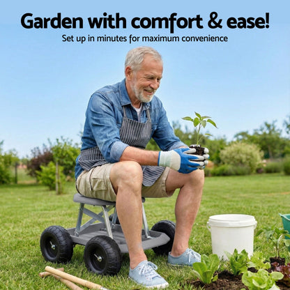 Grey and black rolling garden work seat with wheels and tool tray