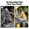Grey and black rolling garden work seat with wheels and tool tray