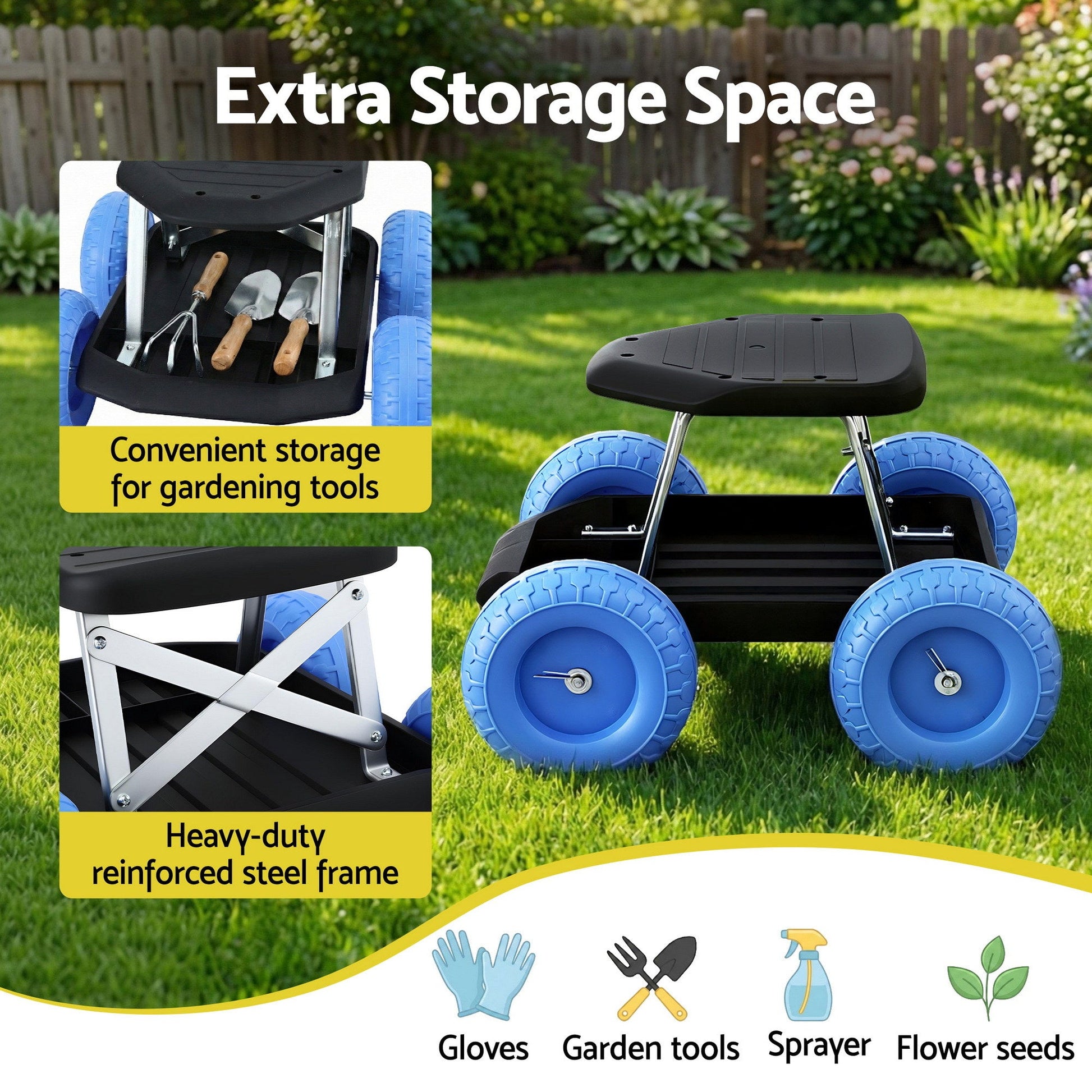 Blue and black rolling garden work seat with tool tray and wheels