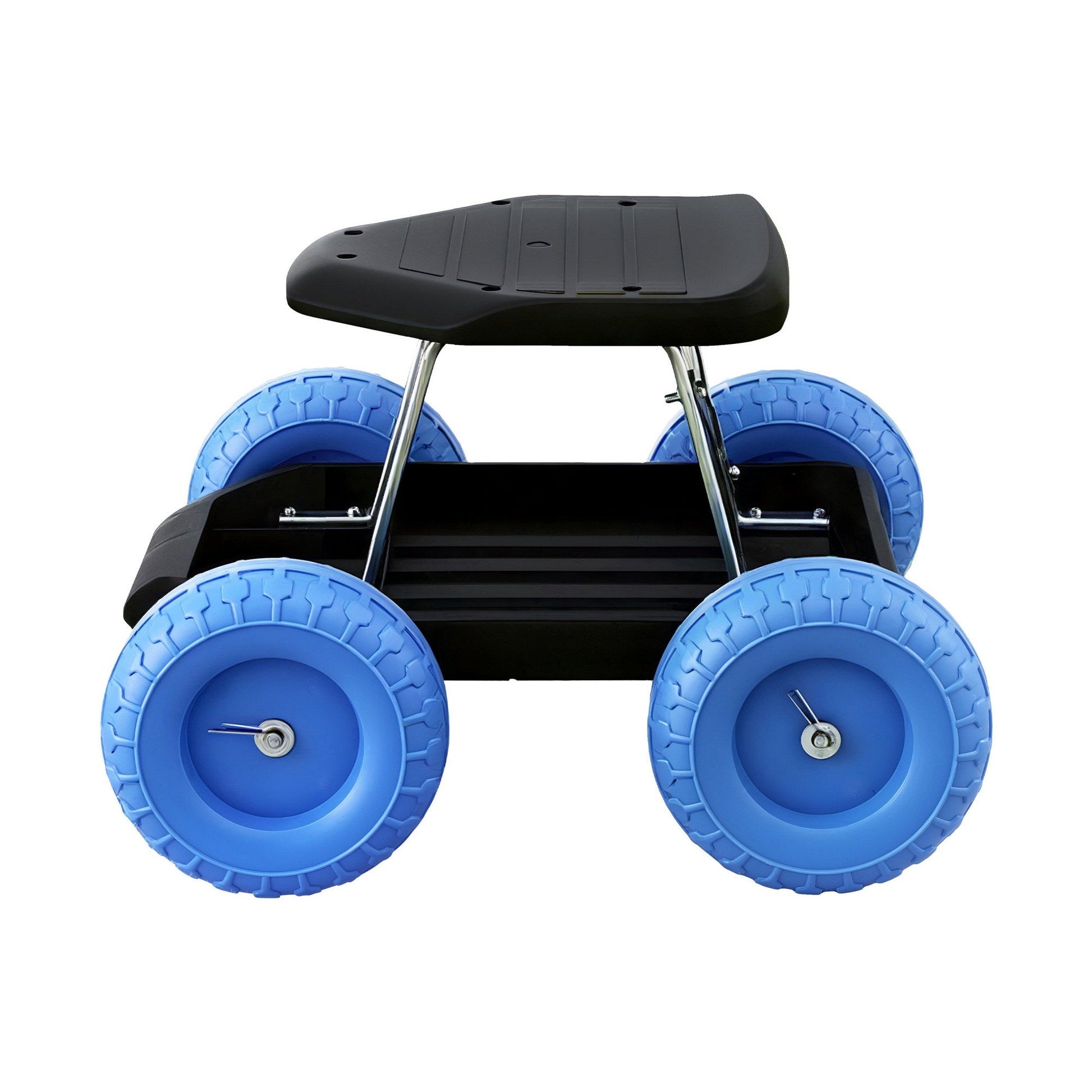 Blue and black rolling garden work seat with tool tray and wheels