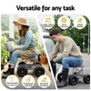 Grey and black rolling garden work seat with wheels and tool tray