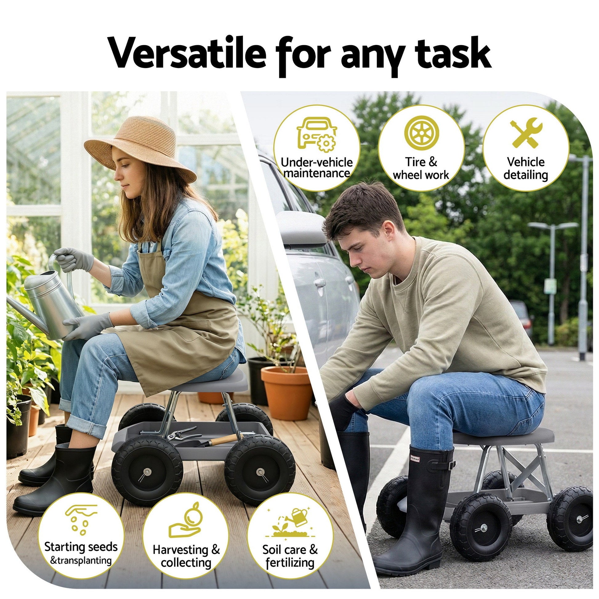Grey and black rolling garden work seat with wheels and tool tray