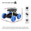 Blue and black rolling garden work seat with tool tray and wheels