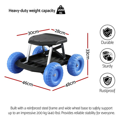 Blue and black rolling garden work seat with tool tray and wheels