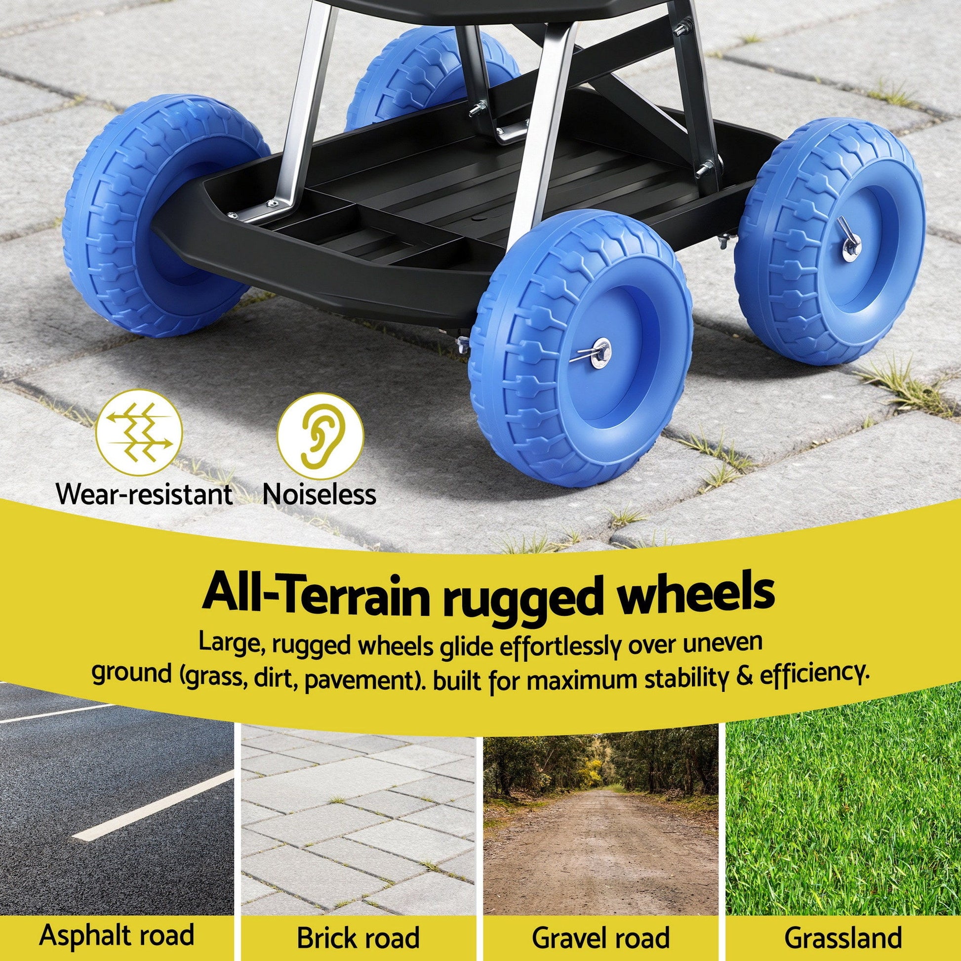 Blue and black rolling garden work seat with tool tray and wheels