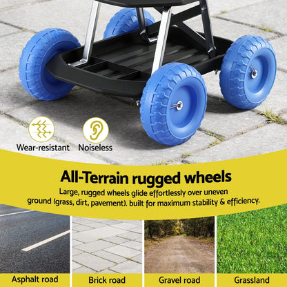 Blue and black rolling garden work seat with tool tray and wheels