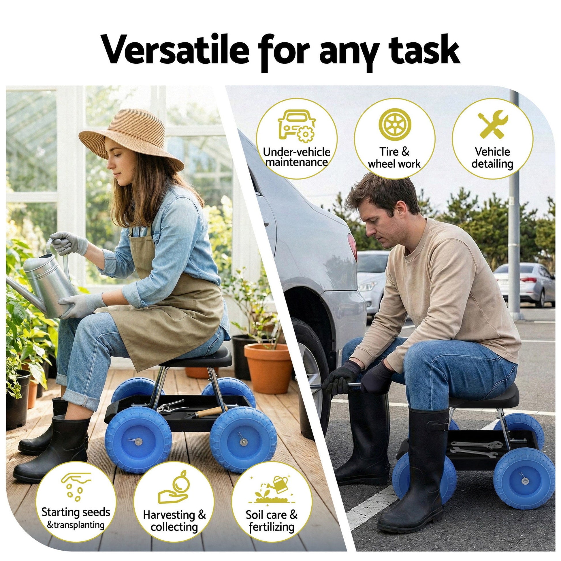 Blue and black rolling garden work seat with tool tray and wheels