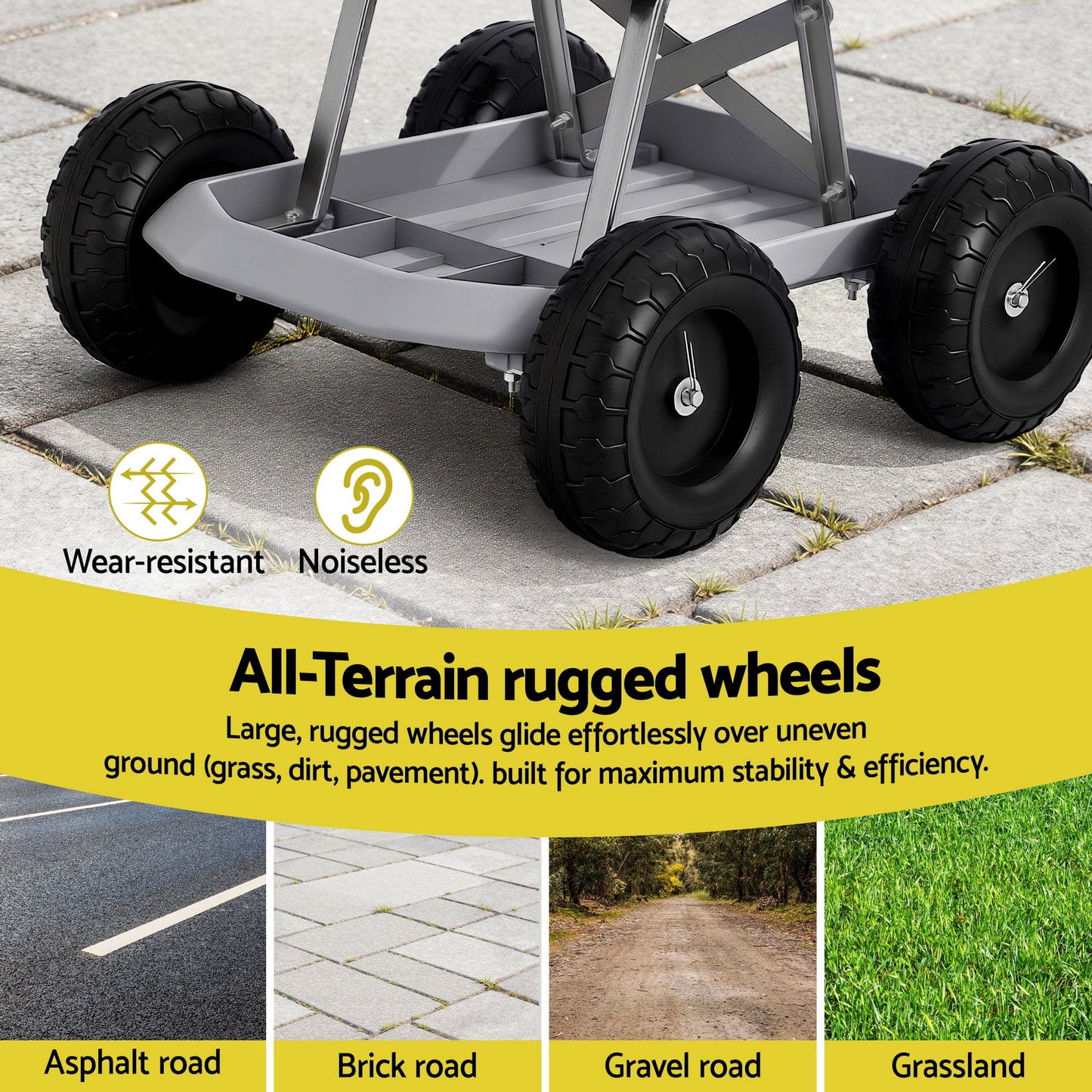 Grey and black rolling garden work seat with wheels and tool tray