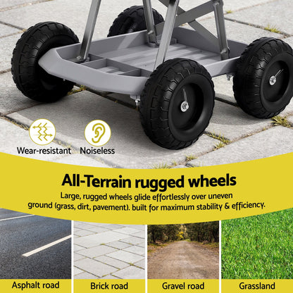 Grey and black rolling garden work seat with wheels and tool tray