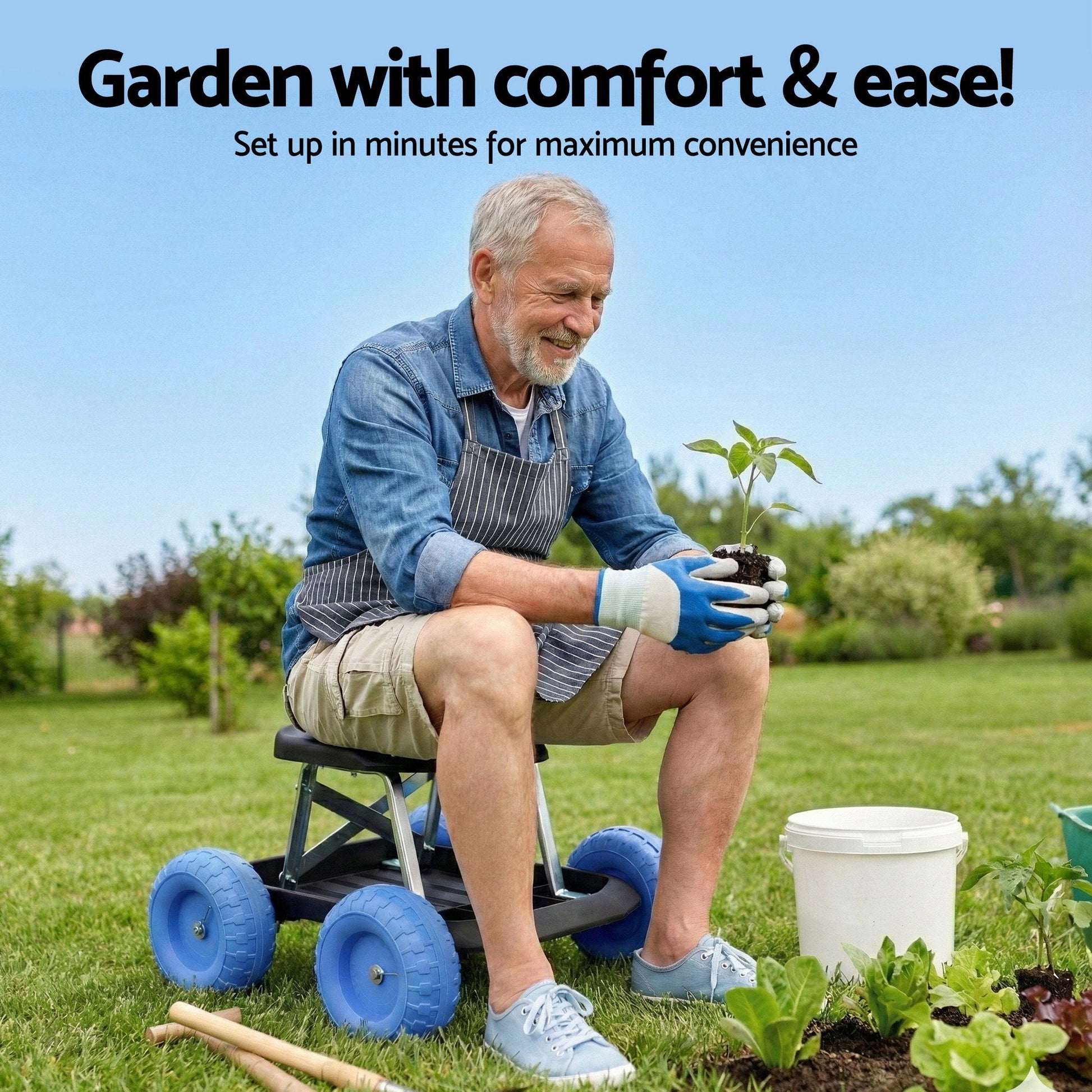 Blue and black rolling garden work seat with tool tray and wheels