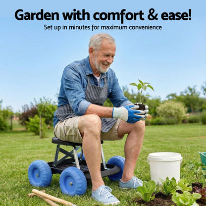 Blue and black rolling garden work seat with tool tray and wheels