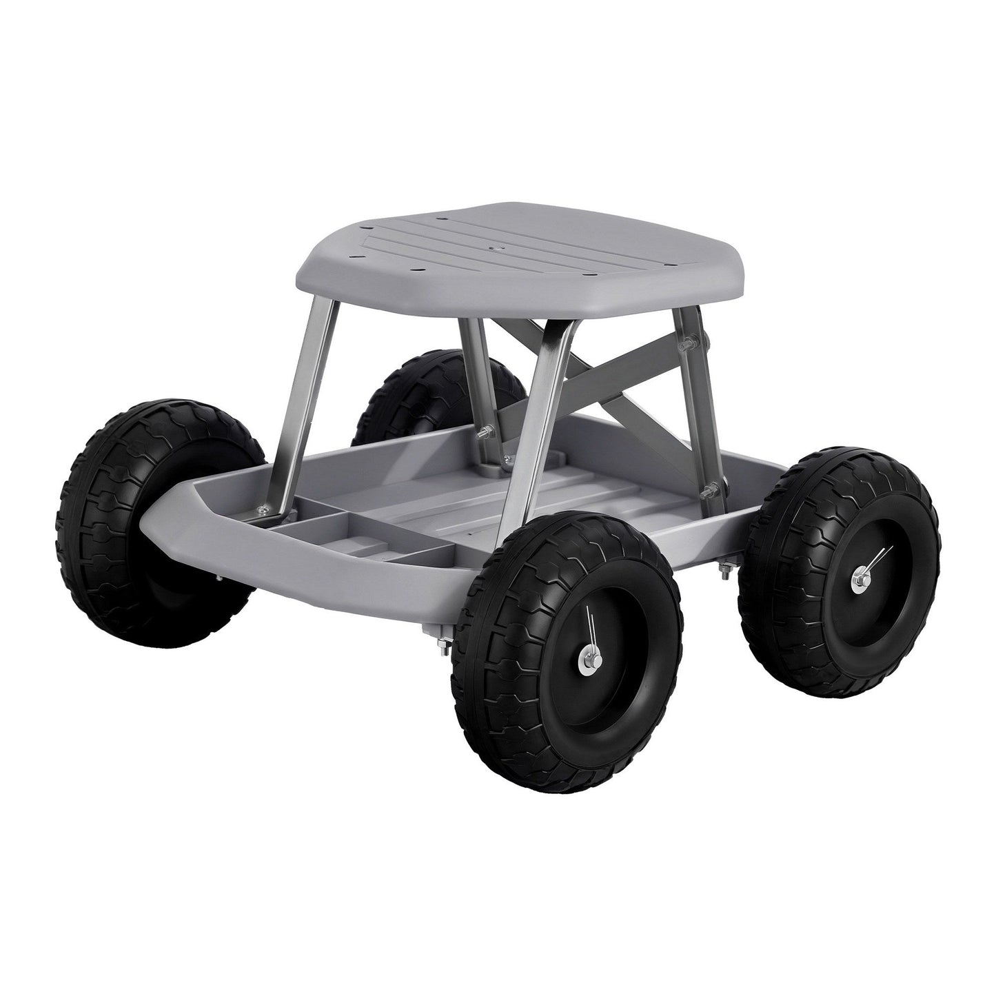 Grey and black rolling garden work seat with wheels and tool tray