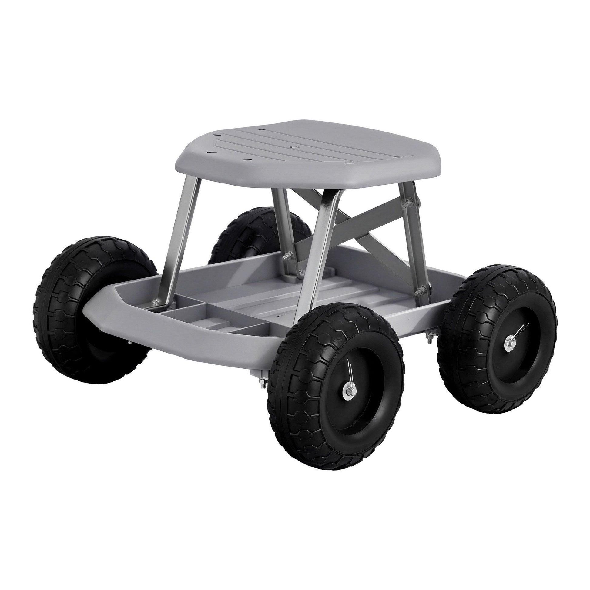 Grey and black rolling garden work seat with wheels and tool tray