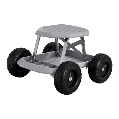 Grey and black rolling garden work seat with wheels and tool tray