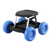 Blue and black rolling garden work seat with tool tray and wheels