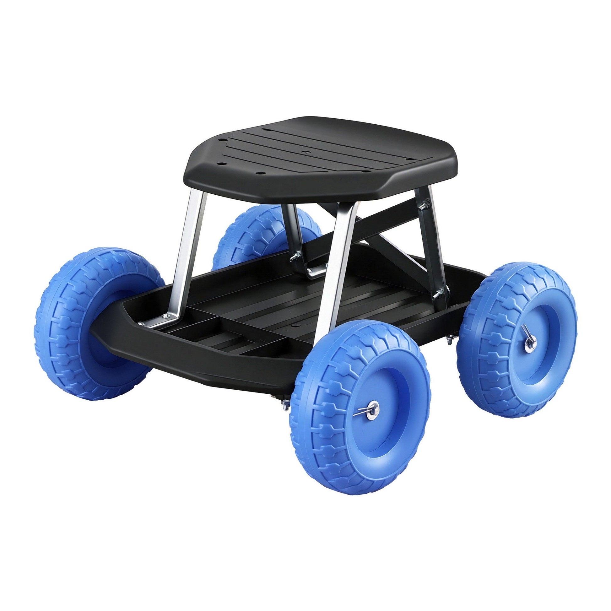 Blue and black rolling garden work seat with tool tray and wheels