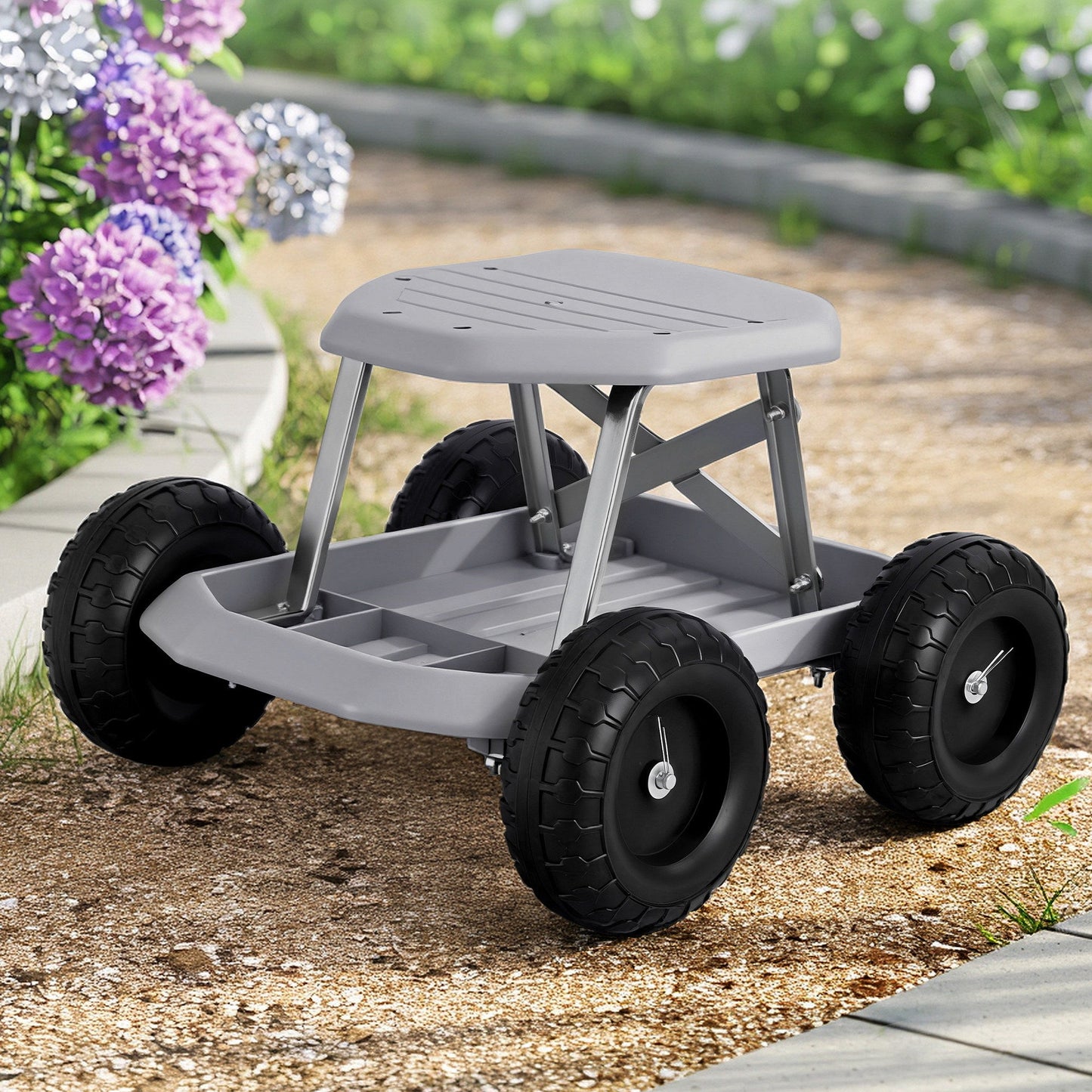 Grey and black rolling garden work seat with wheels and tool tray