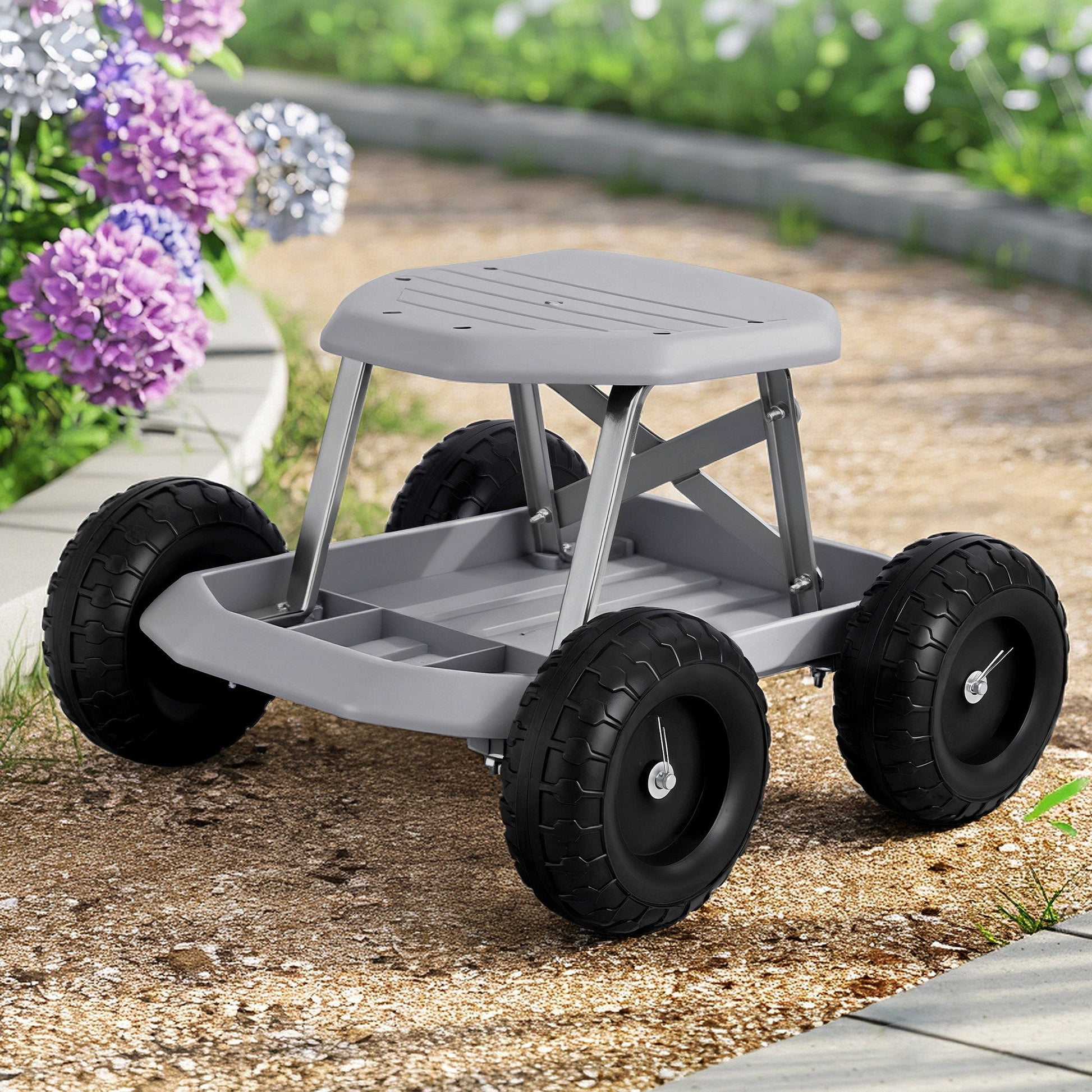 Grey and black rolling garden work seat with wheels and tool tray