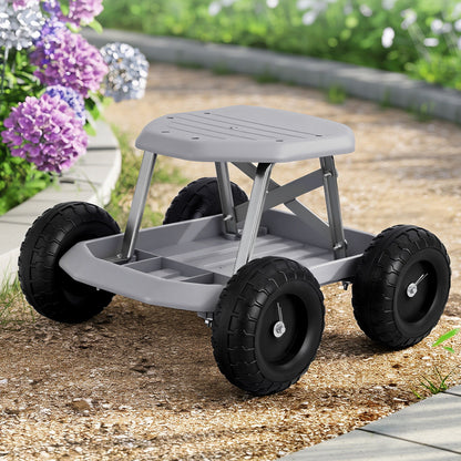 Grey and black rolling garden work seat with wheels and tool tray