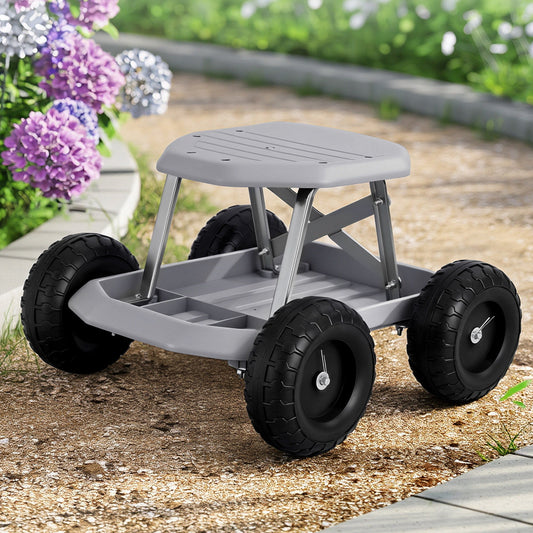 Gardeon Garden Cart Seat with Wheels, Rolling Work Stool with Tool Storage Tray, 440lbs (200kg) Heavy Duty Capacity Garden Stool for Outdoor Yard Work, Car Detailing, and Garage Maintenance, Grey/Black - OZ Home Deals
