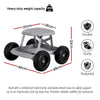 Grey and black rolling garden work seat with wheels and tool tray