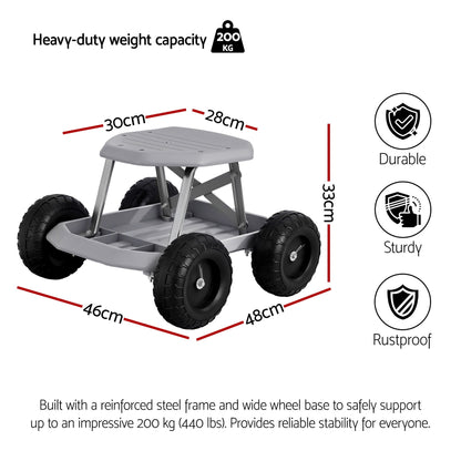 Grey and black rolling garden work seat with wheels and tool tray