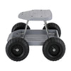 Grey and black rolling garden work seat with wheels and tool tray