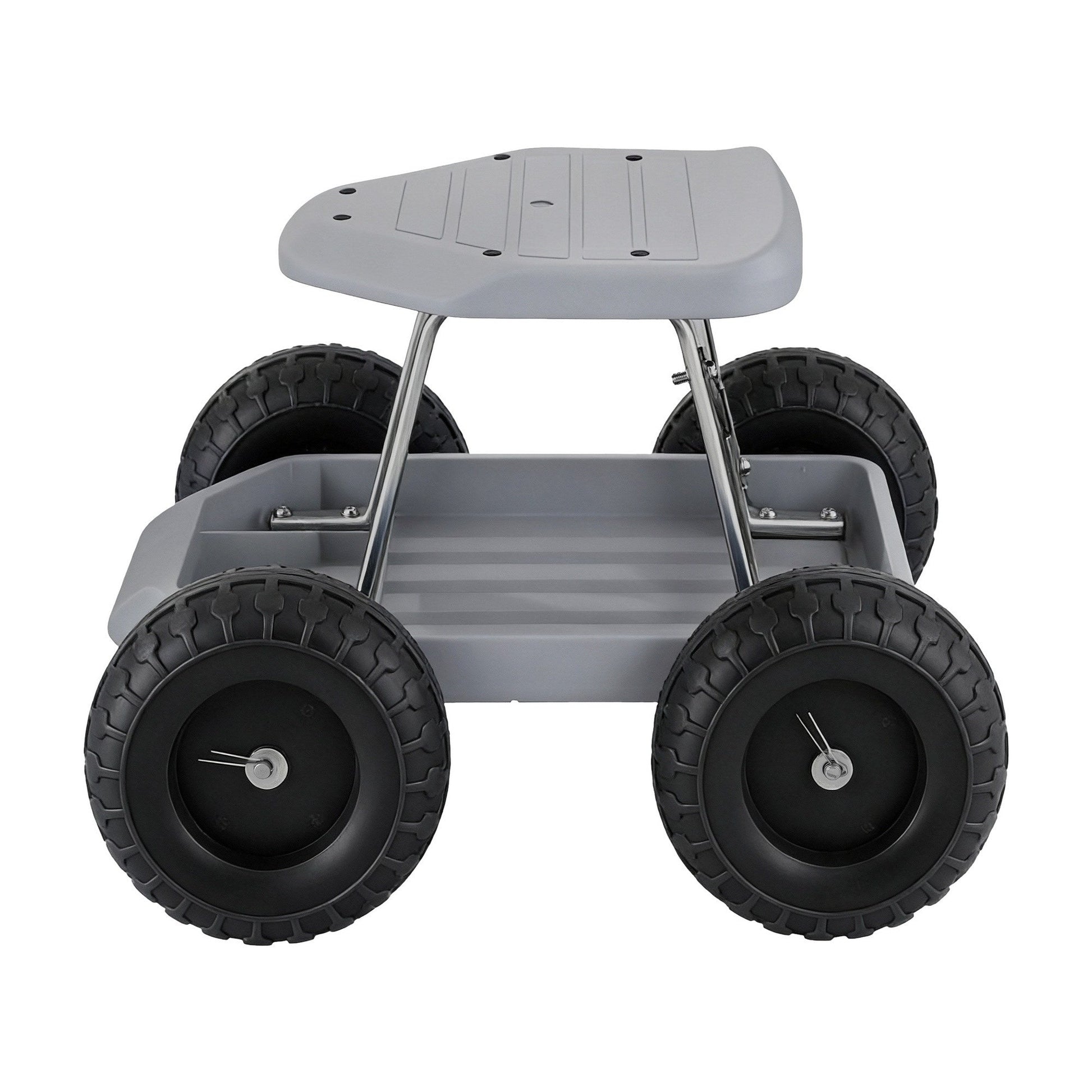 Grey and black rolling garden work seat with wheels and tool tray