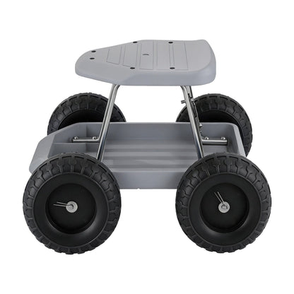 Grey and black rolling garden work seat with wheels and tool tray