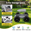 Grey and black rolling garden work seat with wheels and tool tray