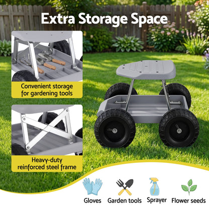 Grey and black rolling garden work seat with wheels and tool tray