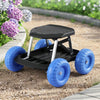 Blue and black rolling garden work seat with tool tray and wheels
