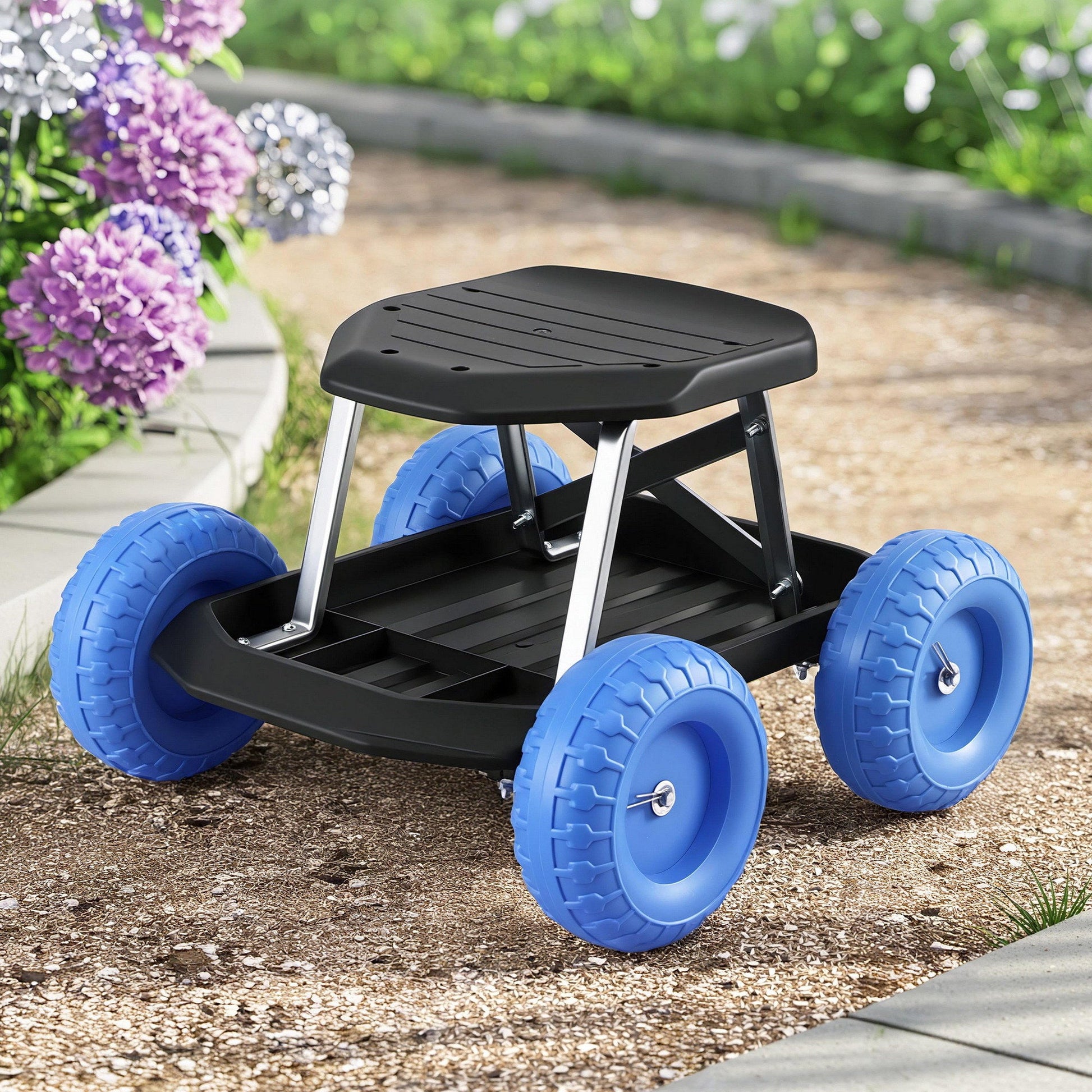 Blue and black rolling garden work seat with tool tray and wheels