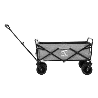 Grey folding garden trolley cart with cargo net and adjustable handle