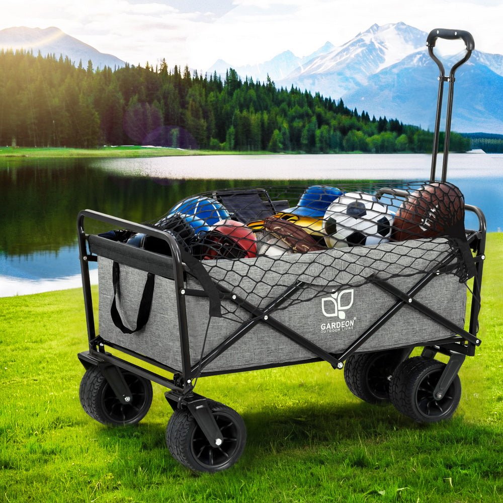Grey folding garden trolley cart with cargo net and adjustable handle