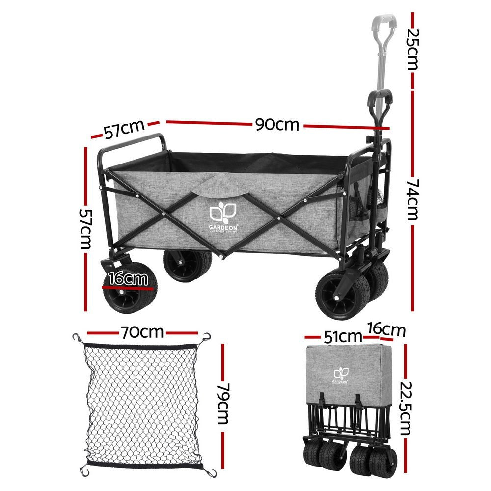 Grey folding garden trolley cart with cargo net and adjustable handle
