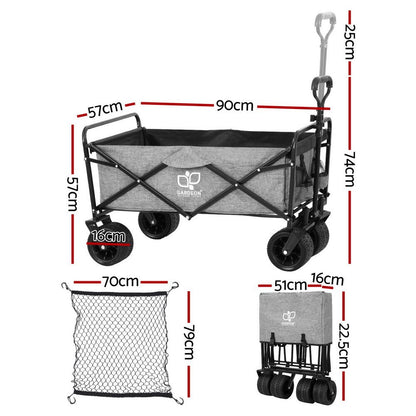 Grey folding garden trolley cart with cargo net and adjustable handle