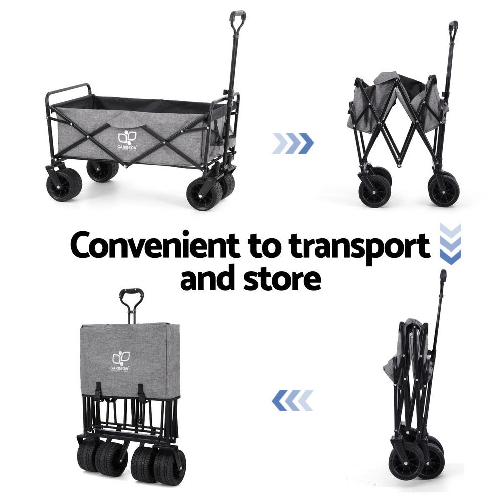 Grey folding garden trolley cart with cargo net and adjustable handle