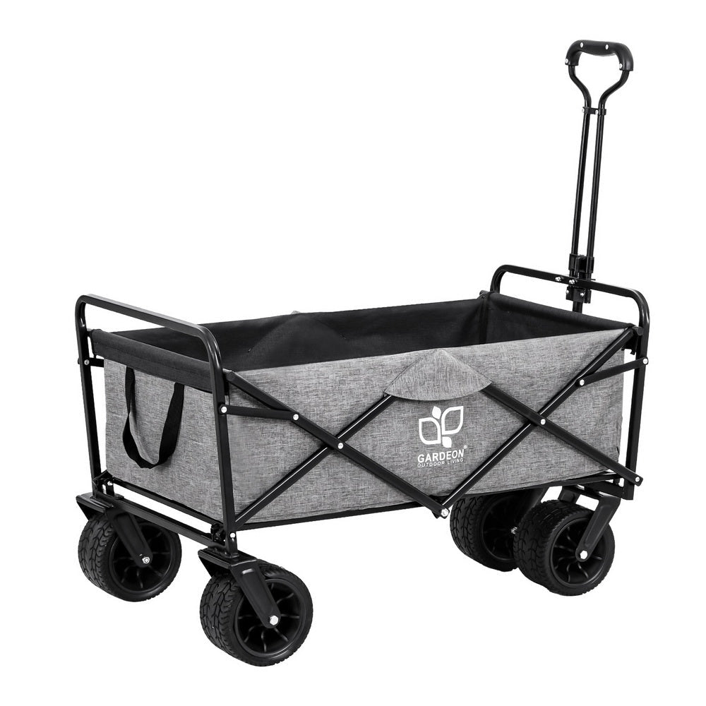 Grey folding garden trolley cart with cargo net and adjustable handle