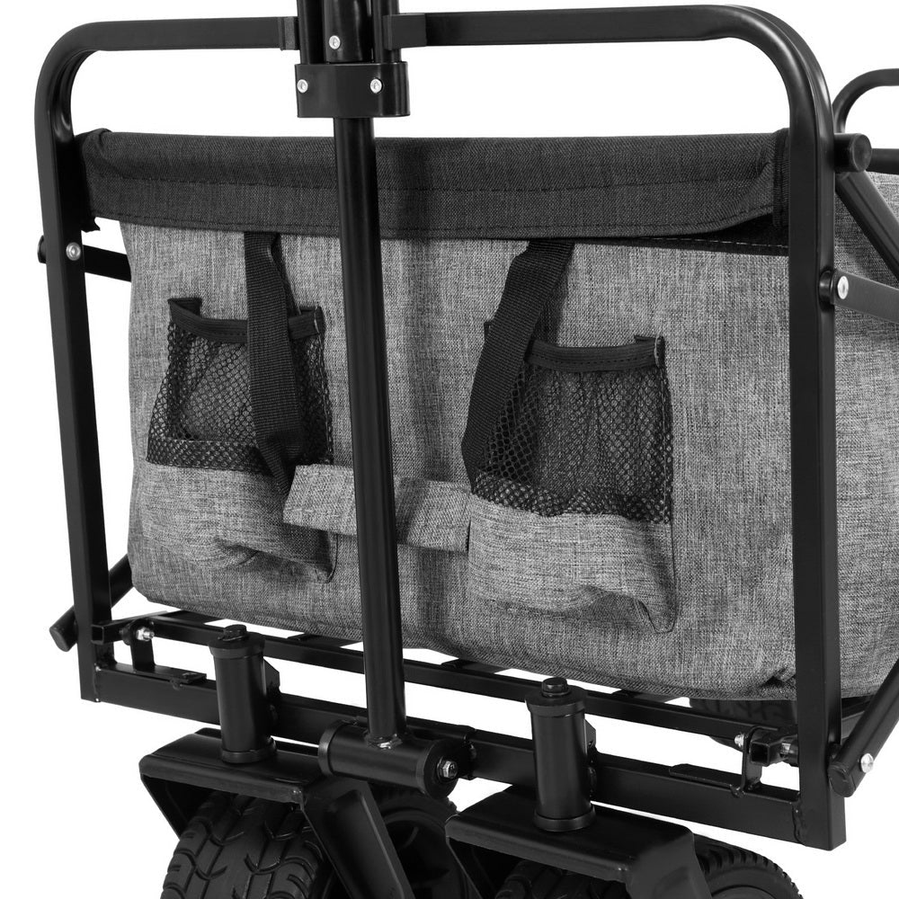 Grey folding garden trolley cart with cargo net and adjustable handle