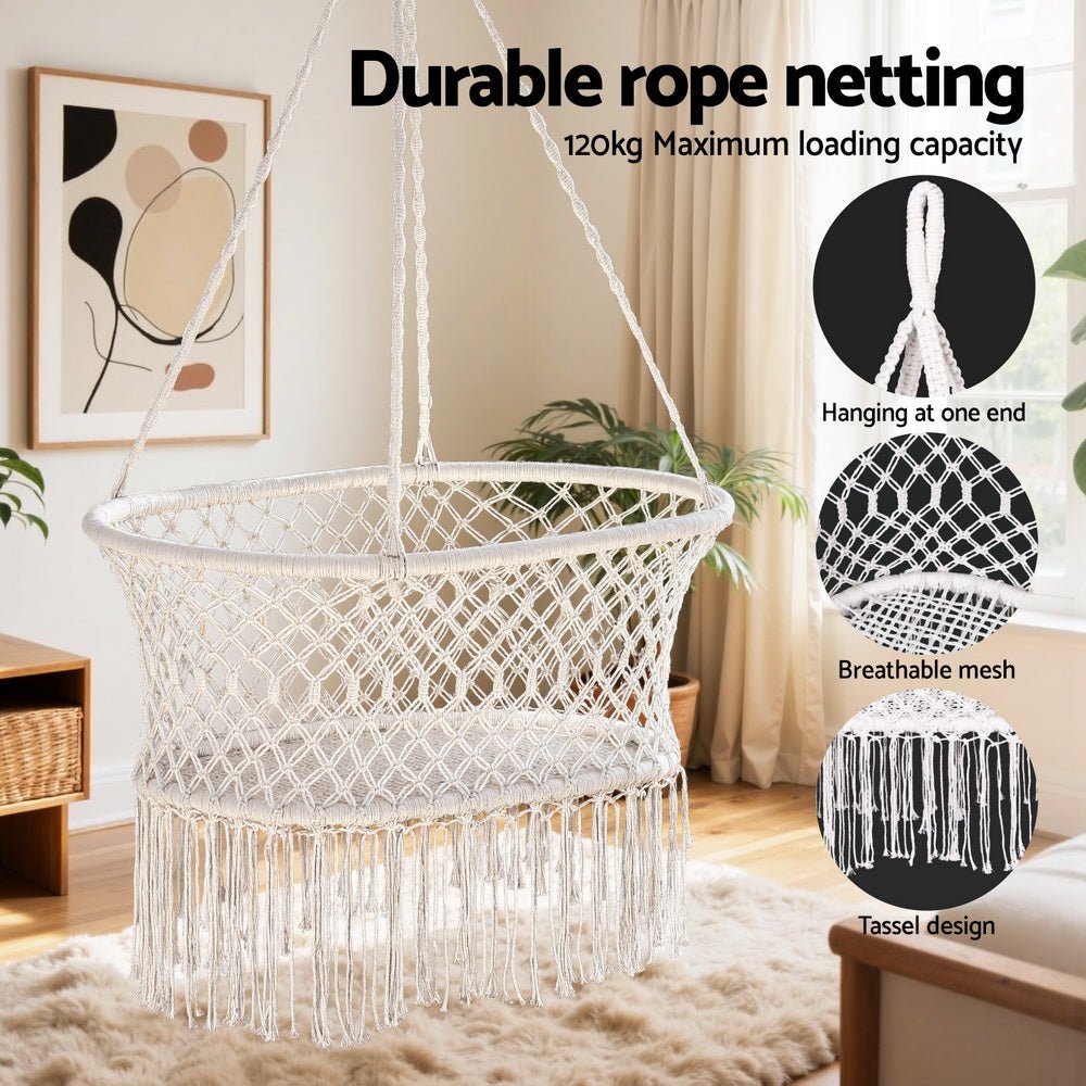 Gardeon Hammock Chair Cotton Swing Chair Outdoor Indoor Cream - OZ Home Deals