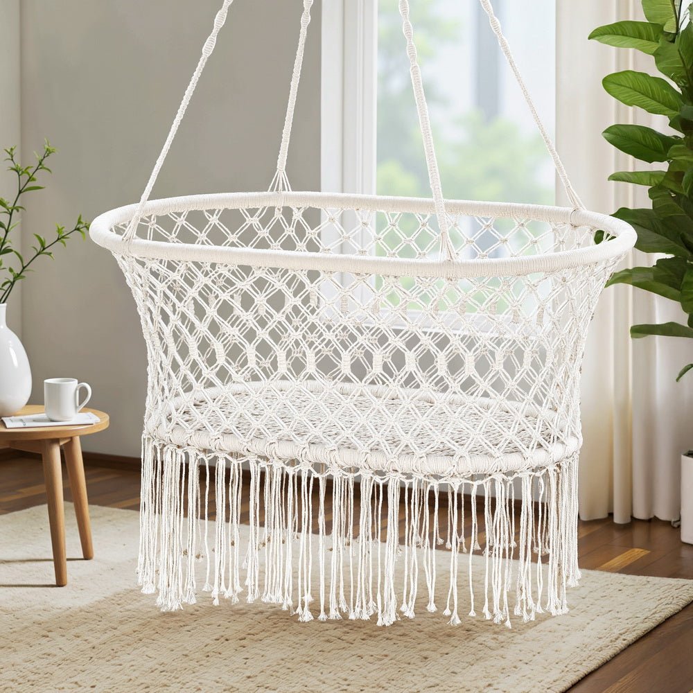 Gardeon Hammock Chair Cotton Swing Chair Outdoor Indoor Cream - OZ Home Deals