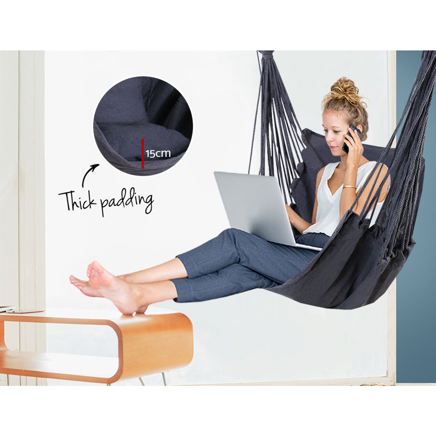 Gardeon Hammock Chair Outdoor Camping Hanging Hammocks Cushion Pillow Grey - OZ Home Deals