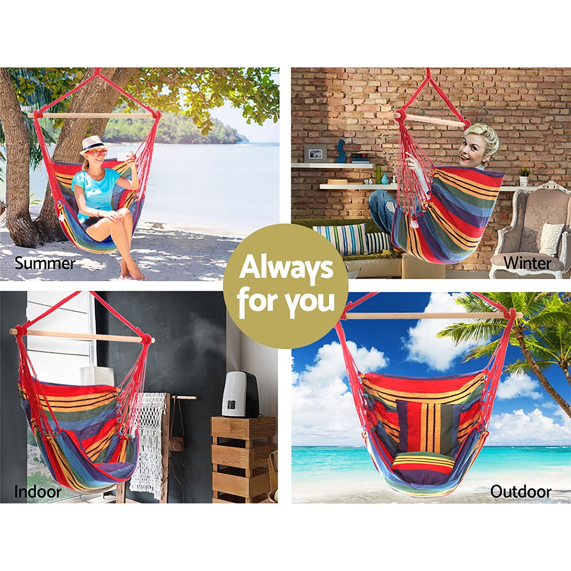 Gardeon Hammock Chair Outdoor Camping Hanging Hammocks Cushion Pillow Rainbow - OZ Home Deals