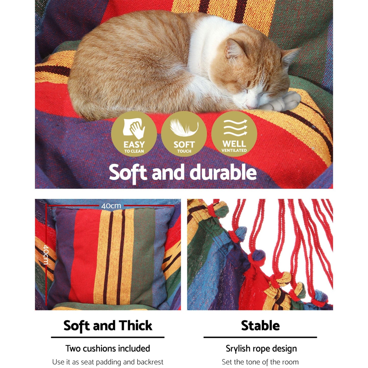 Gardeon Hammock Chair Outdoor Camping Hanging Hammocks Cushion Pillow Rainbow - OZ Home Deals