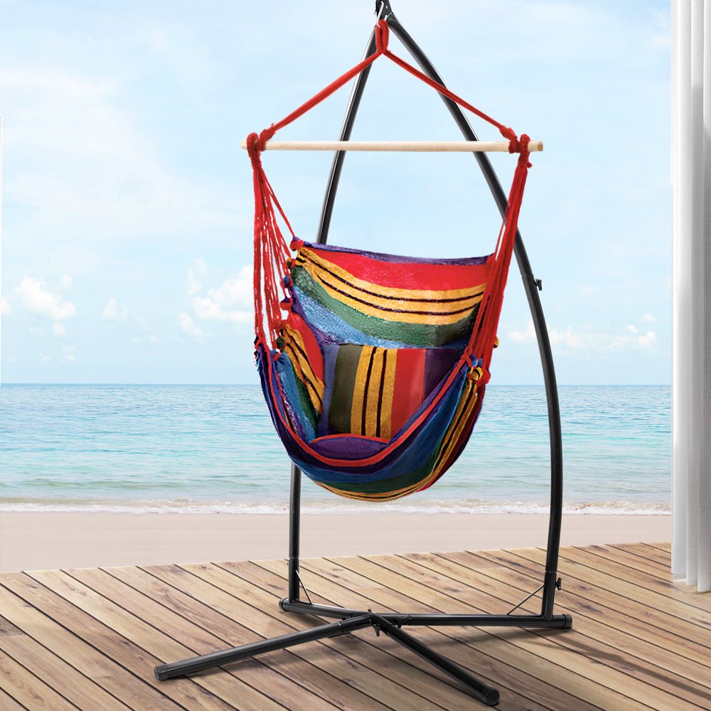 Gardeon Hammock Chair Outdoor Camping Hanging with Steel Stand Rainbow - OZ Home Deals