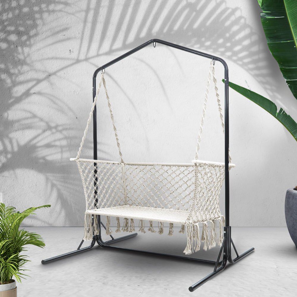 Gardeon Hammock Chair with Stand Macrame Outdoor Garden 2 Seater Cream - OZ Home Deals