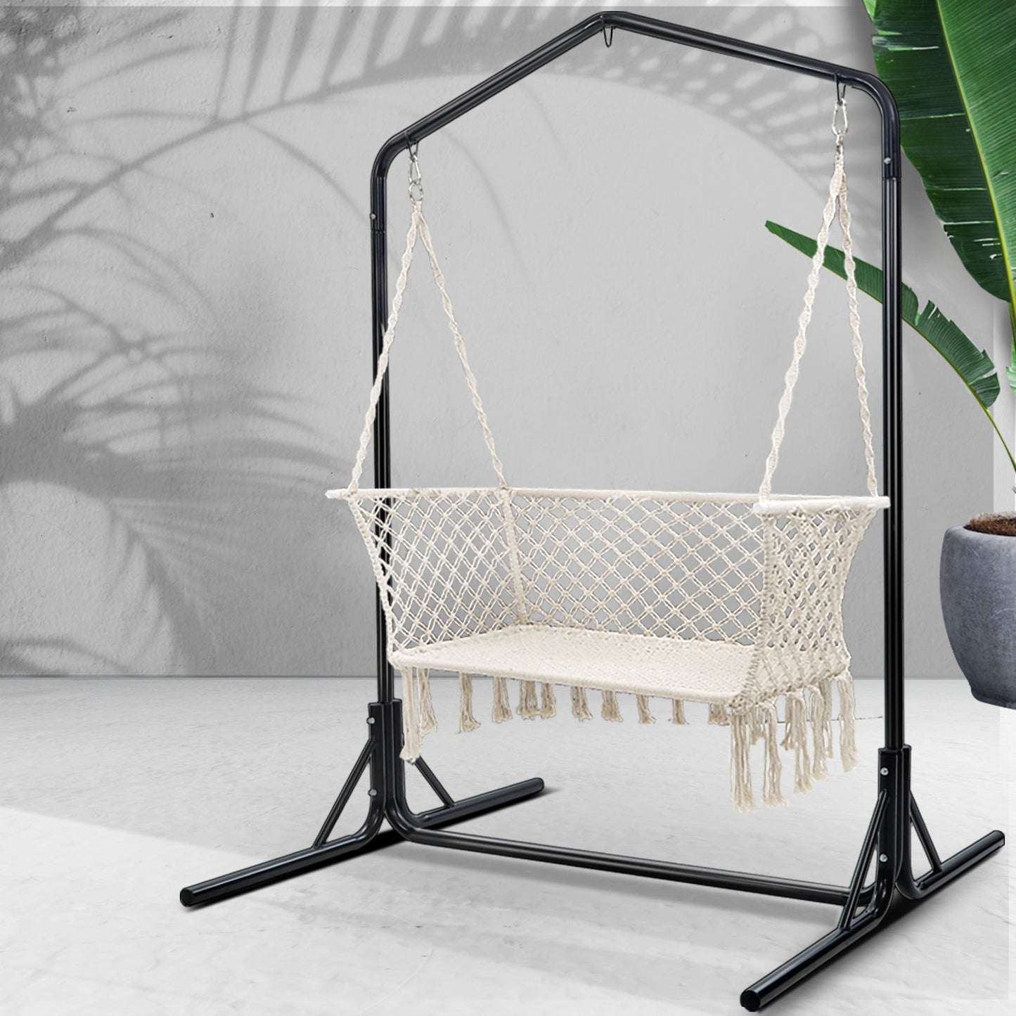 Gardeon Hammock Chair with Stand Macrame Outdoor Garden 2 Seater Cream - OZ Home Deals