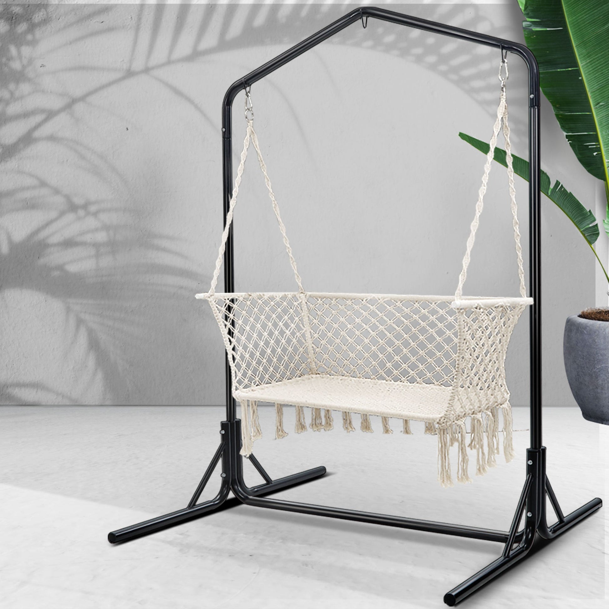 Gardeon Hammock Chair with Stand Macrame Outdoor Garden 2 Seater Cream - OZ Home Deals