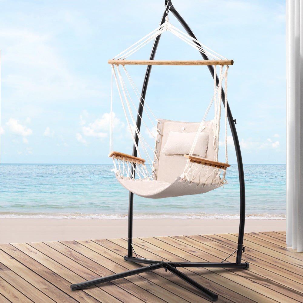 Gardeon Hammock Chair with Steel Stand Armrest Outdoor Hanging Cream - OZ Home Deals